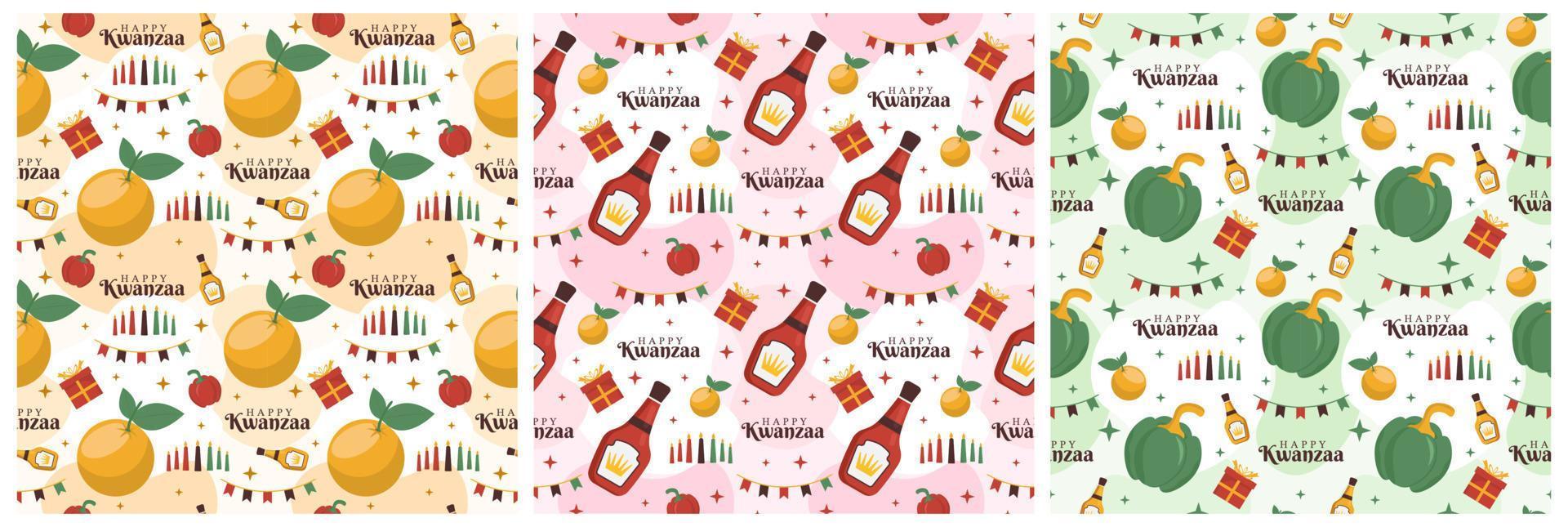 Set of Happy Kwanzaa Holiday African Seamless Pattern Design with Festival Style Element on Template Hand Drawn Cartoon Flat Illustration vector