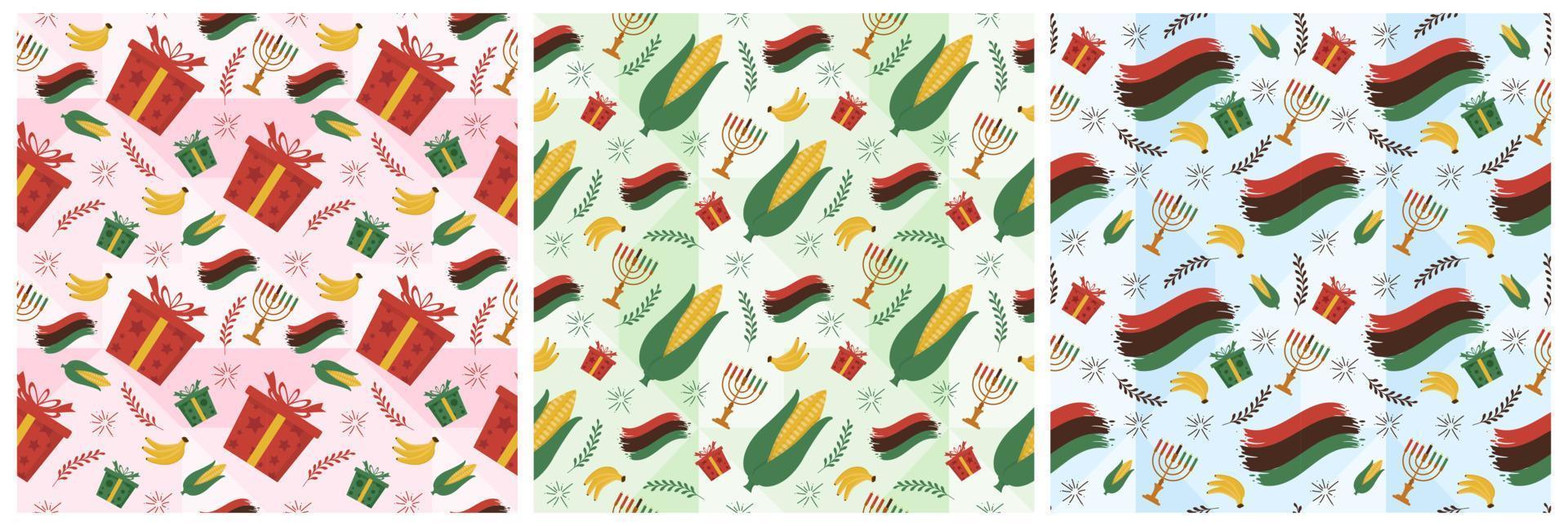 Set of Happy Kwanzaa Holiday African Seamless Pattern Design with Festival Style Element on Template Hand Drawn Cartoon Flat Illustration vector