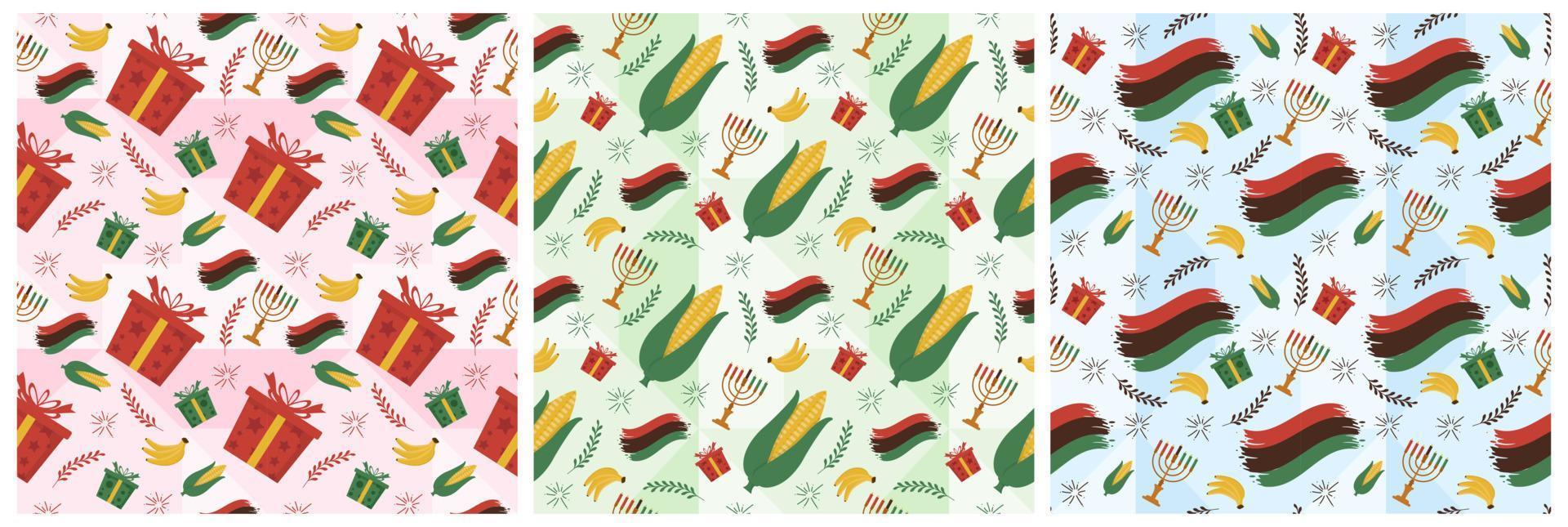 conjunto de feliz kwanzaa vacaciones diseño de patrones sin fisuras africanos con elemento de estilo festival en plantilla ilustración plana de dibujos animados dibujados a mano vector