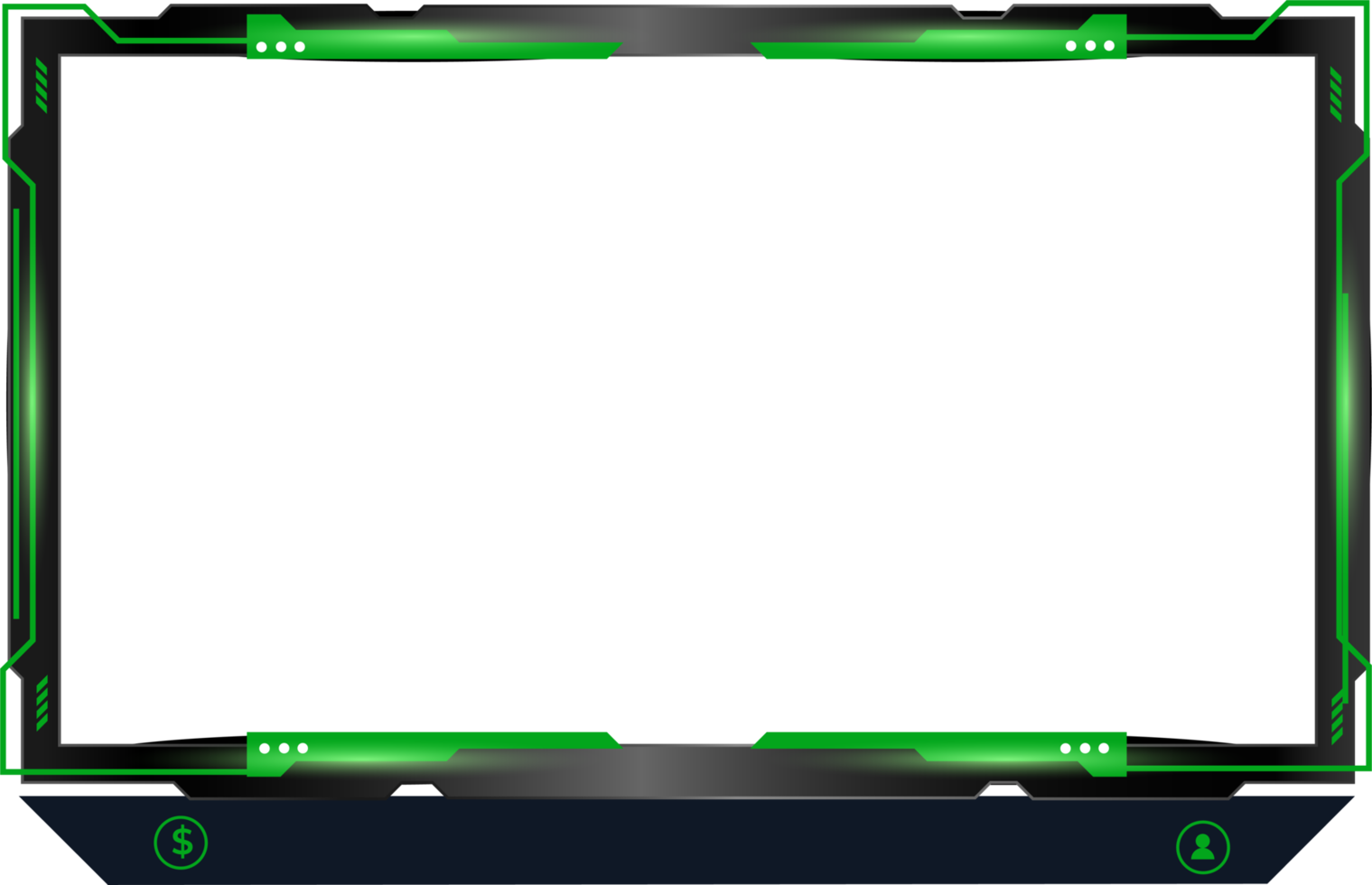 Green Live stream overlay design on a transparent background and colorful buttons. Live streaming overlay decoration for online gamers. Futuristic gaming overlay PNG for online screen panels.