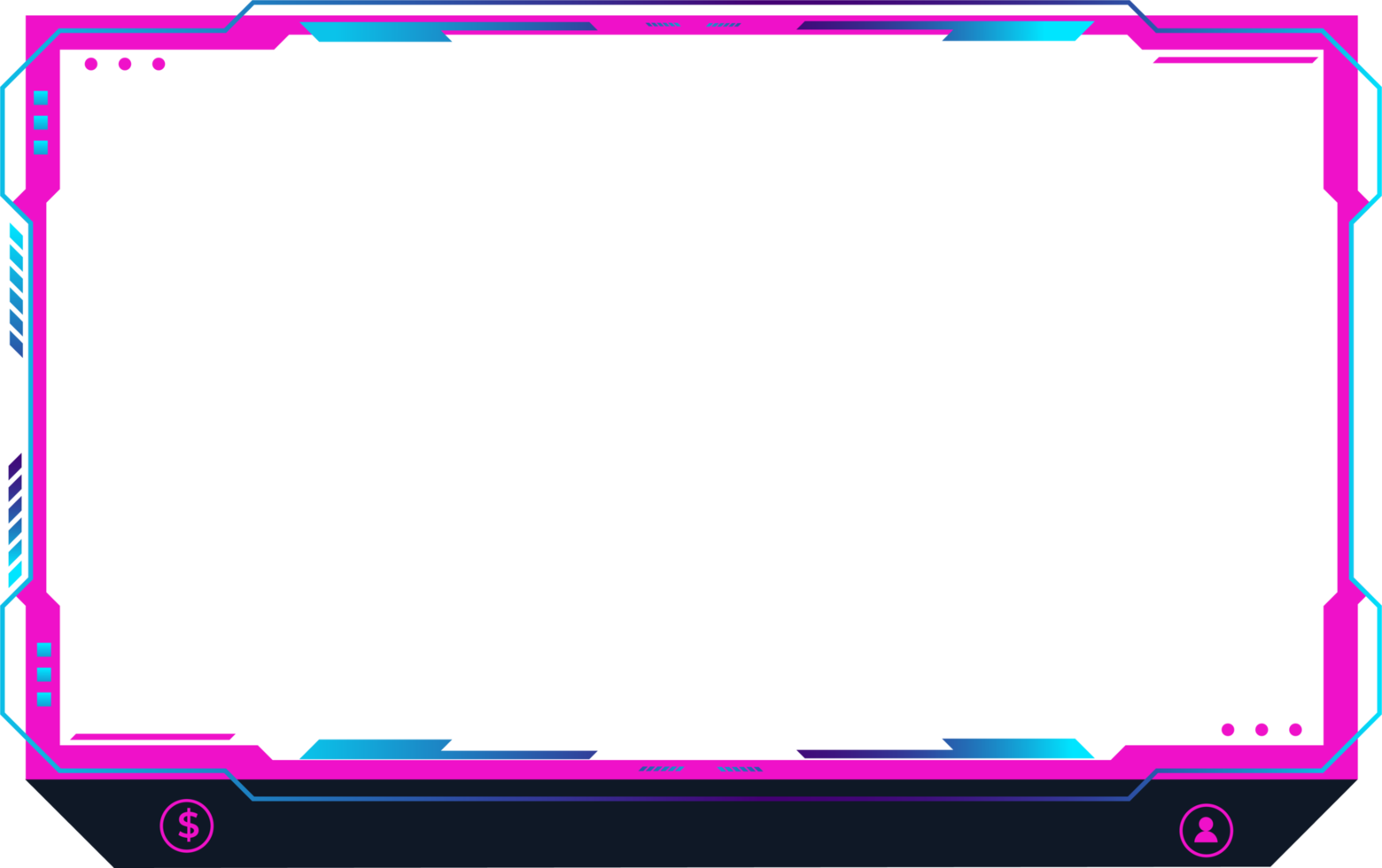 Live streaming overlay decoration with girly pink and blue colors. Live broadcast elements with colorful buttons. Online gaming screen panel and border PNG for gamers.