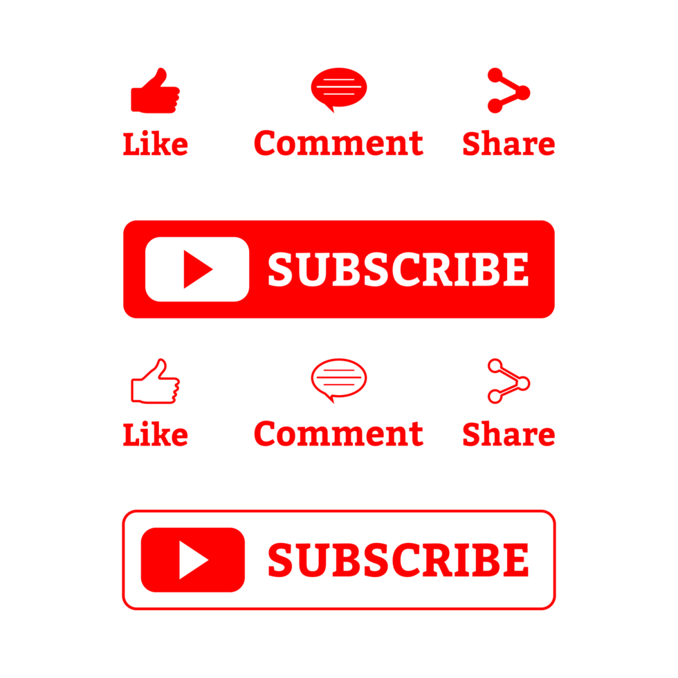 Subscribe button PNG with metallic color. Subscribe Button collection for social media with red color. Like, comment, subscribe, share, and notification button image with transparent background.