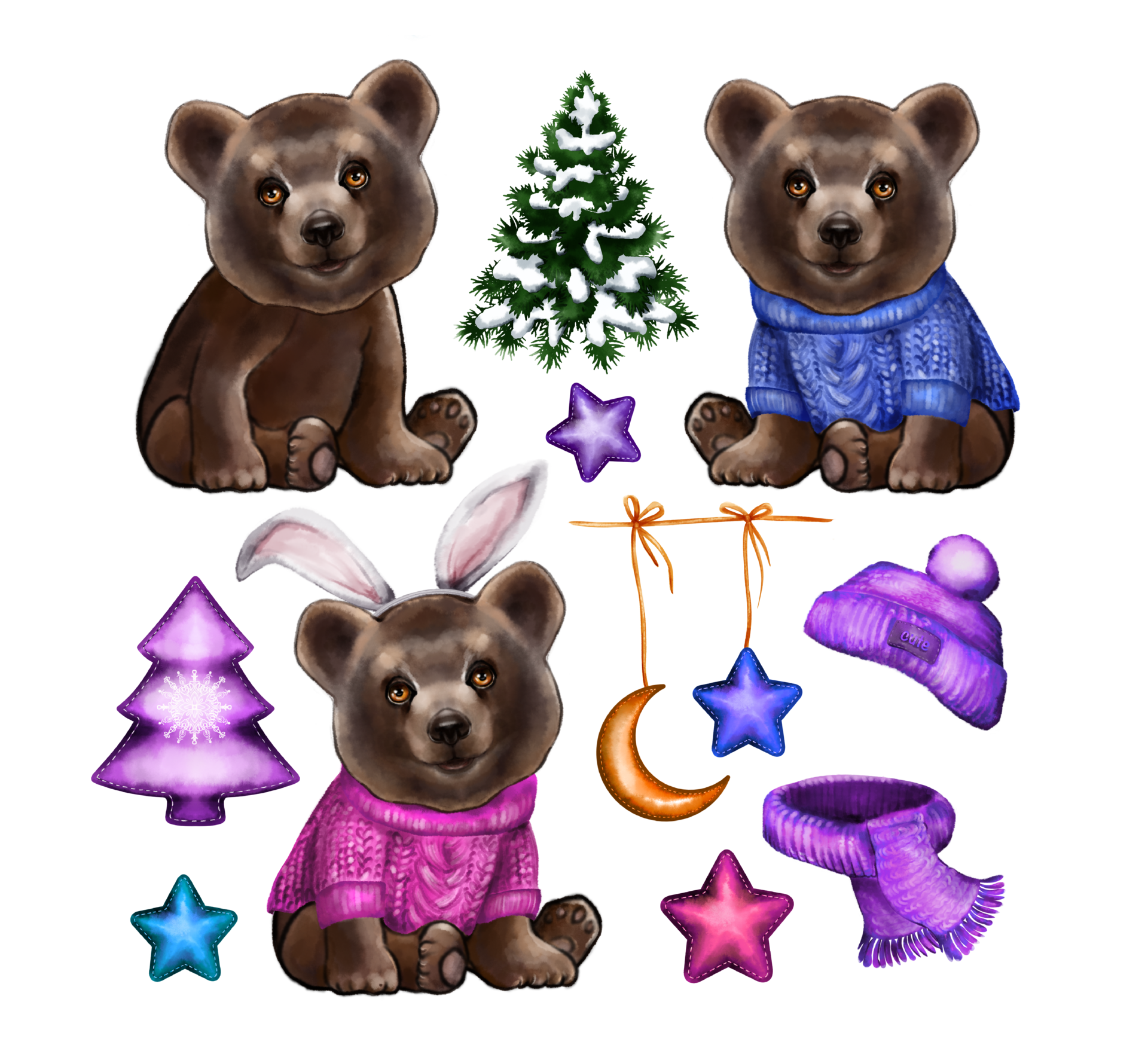 Free Set of cartoon Christmas animals and objects. Hand colored watercolor  drawing. For vintage scrapbooking, illustrations. Cute cartoon bear.  13440690 PNG with Transparent Background