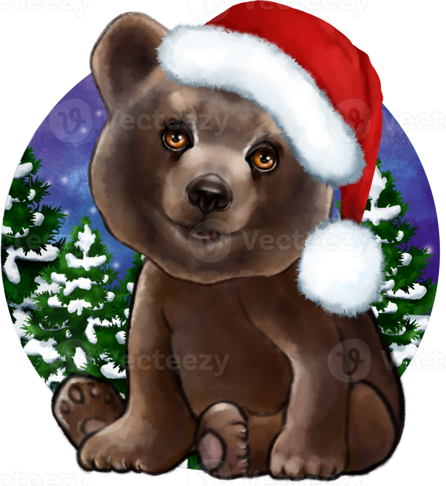 A bear cub in a Santa Claus hat. Hand-colored watercolor drawing. For vintage scrapbooking and illustrations. Christmas Bear. png