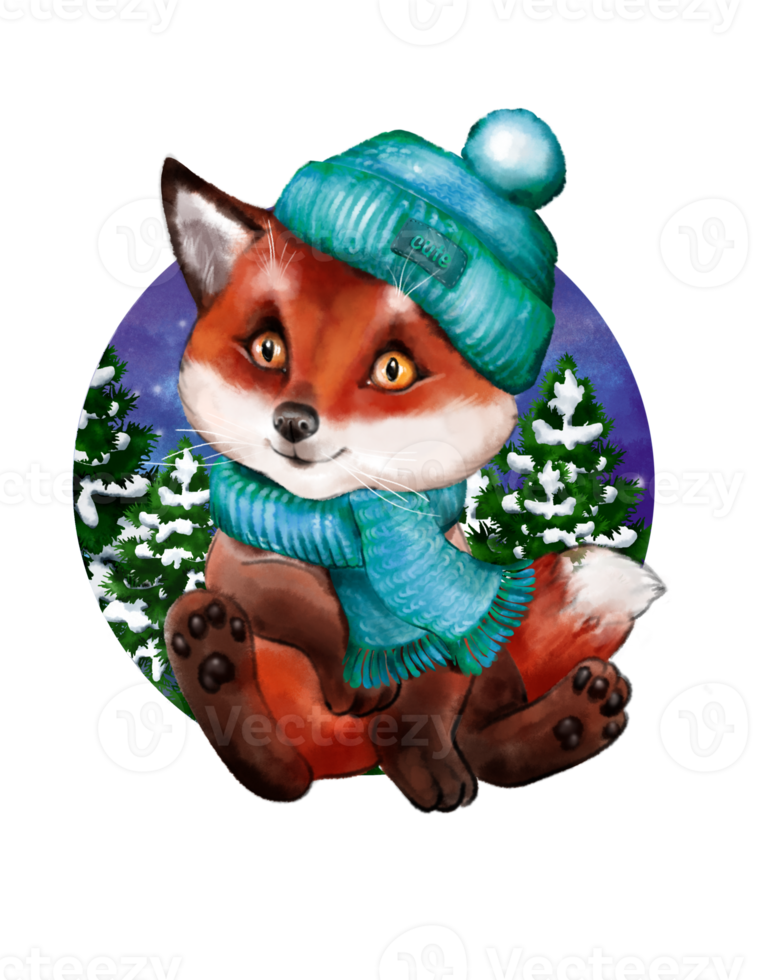 Cute cartoon watercolor fox in a knitted hat against a backdrop of winter Christmas trees. New Year animal illustration. Hand painted lovely baby fox illustration perfect for printing and card making. png