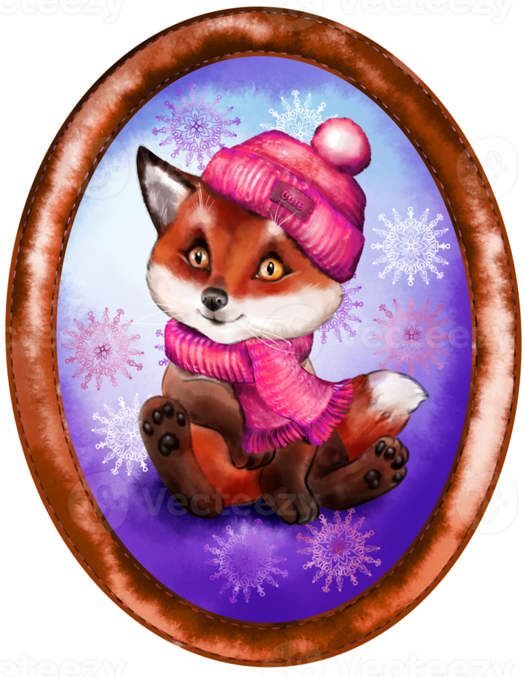 Cute cartoon watercolor Winter Fox in an oval frame. New Year animal illustration. Hand painted lovely baby fox illustration perfect for printing and card making. Forest wild orange fox png