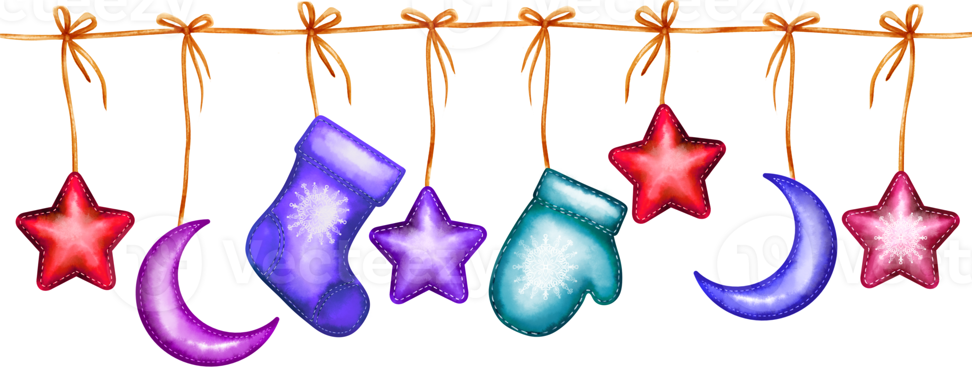 Cartoon New Year garland, mittens, socks, stars moon hand-painted watercolor New Year illustration can be used for children's plays or children's posters on a transparent isolated background png