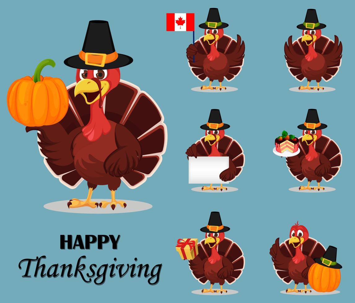 Thanksgiving greeting card with a turkey bird wearing a Pilgrim hat. Set of seven vector illustrations