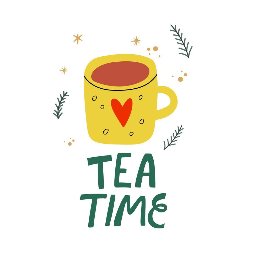 ilustración vectorial de una taza de té con señal de hora del té en un estilo acogedor hygge sobre fondo blanco. vector