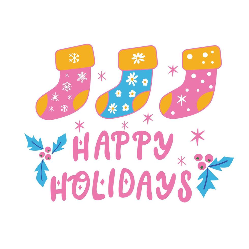 plantilla de postal de felices fiestas con calcetines de navidad. letras modernas de año nuevo. vector