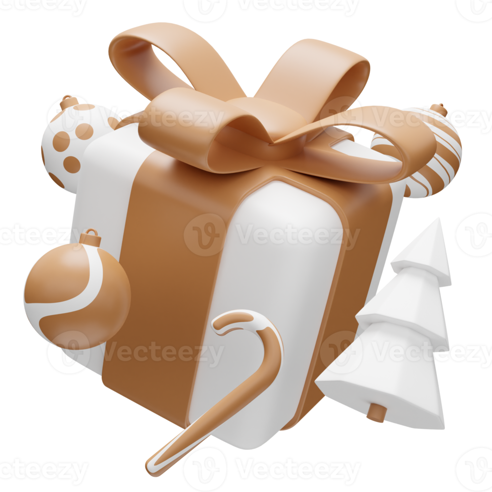 New Year and Christmas 3d design. Gold and white Realistic gifts box, xmas fir tree, ball, candy and decorative elements holiday banner. 3d render image of christmas holiday png