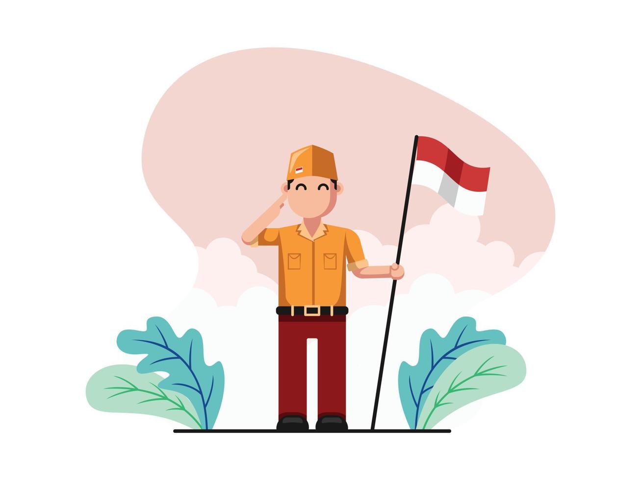 Illustration Flat Design of The Patriot Soldier holding a flag with a salute - Flat design vector illustration