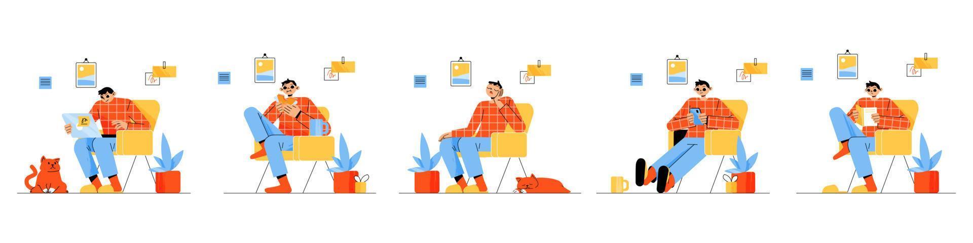 hombre sentado en una silla en casa y trabajando en línea vector