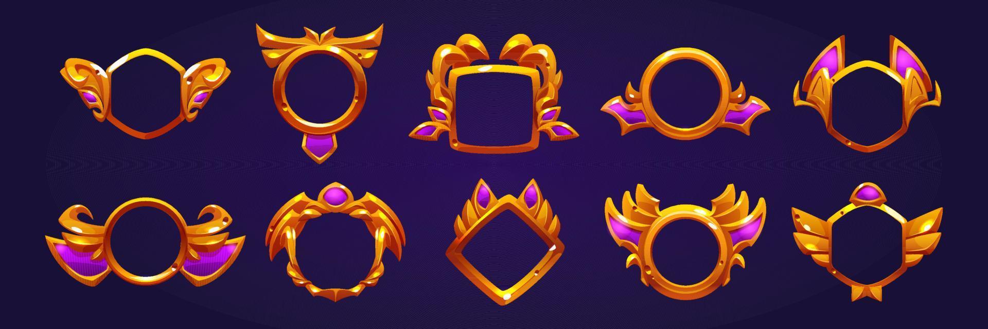 Golden award badges, game avatar frames vector