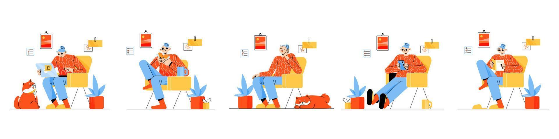 mujer sentada en una silla en casa y trabajando en línea vector