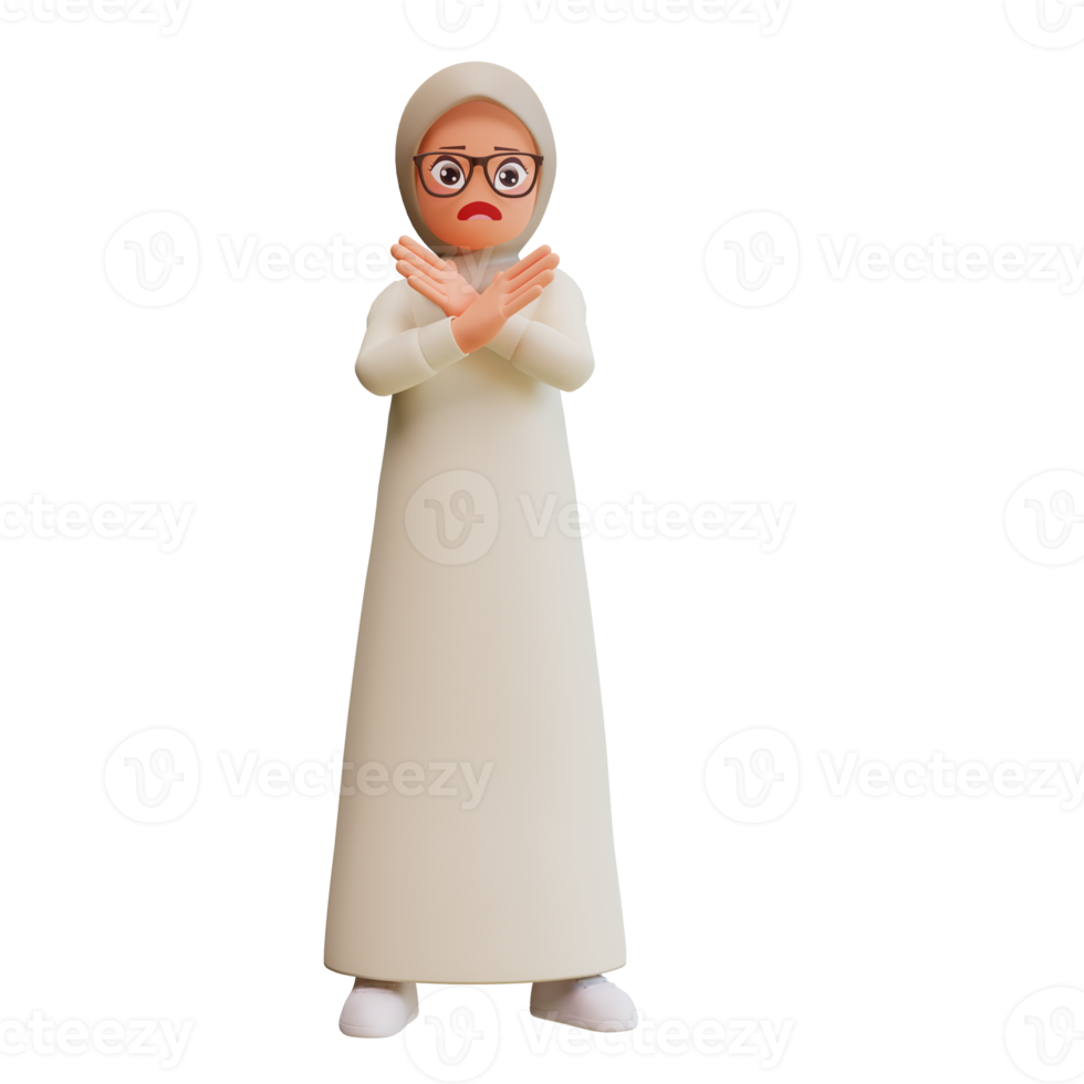 junge muslimische frau überkreuzt die hände keine geste 3d-cartoon-illustration png