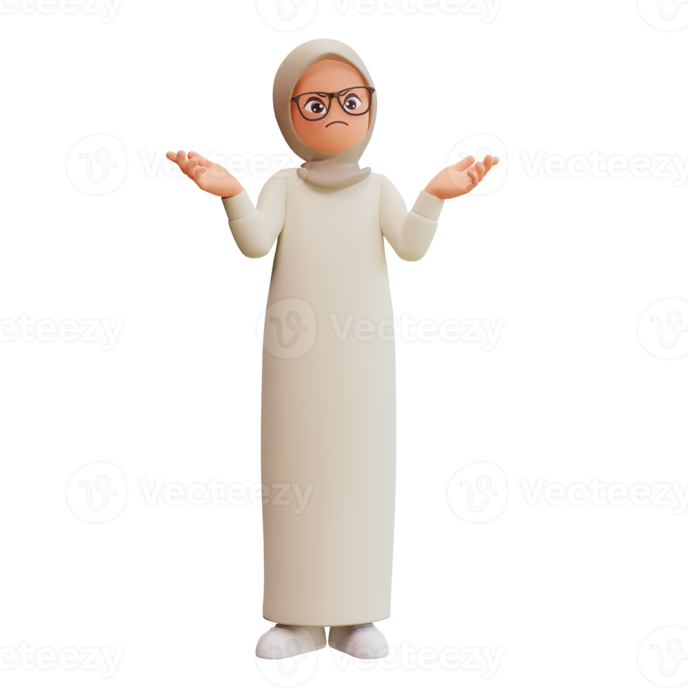 junge muslimische frau, die negative gefühle ausdrückt, verärgerte 3d-cartoon-illustration png