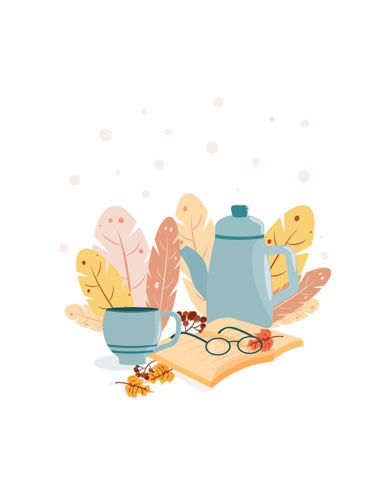 Cute set of items for coziness and comfort in the house in the cold season, coffee pot, cup, book, glasses, autumn leaves, vector illustration on a white background