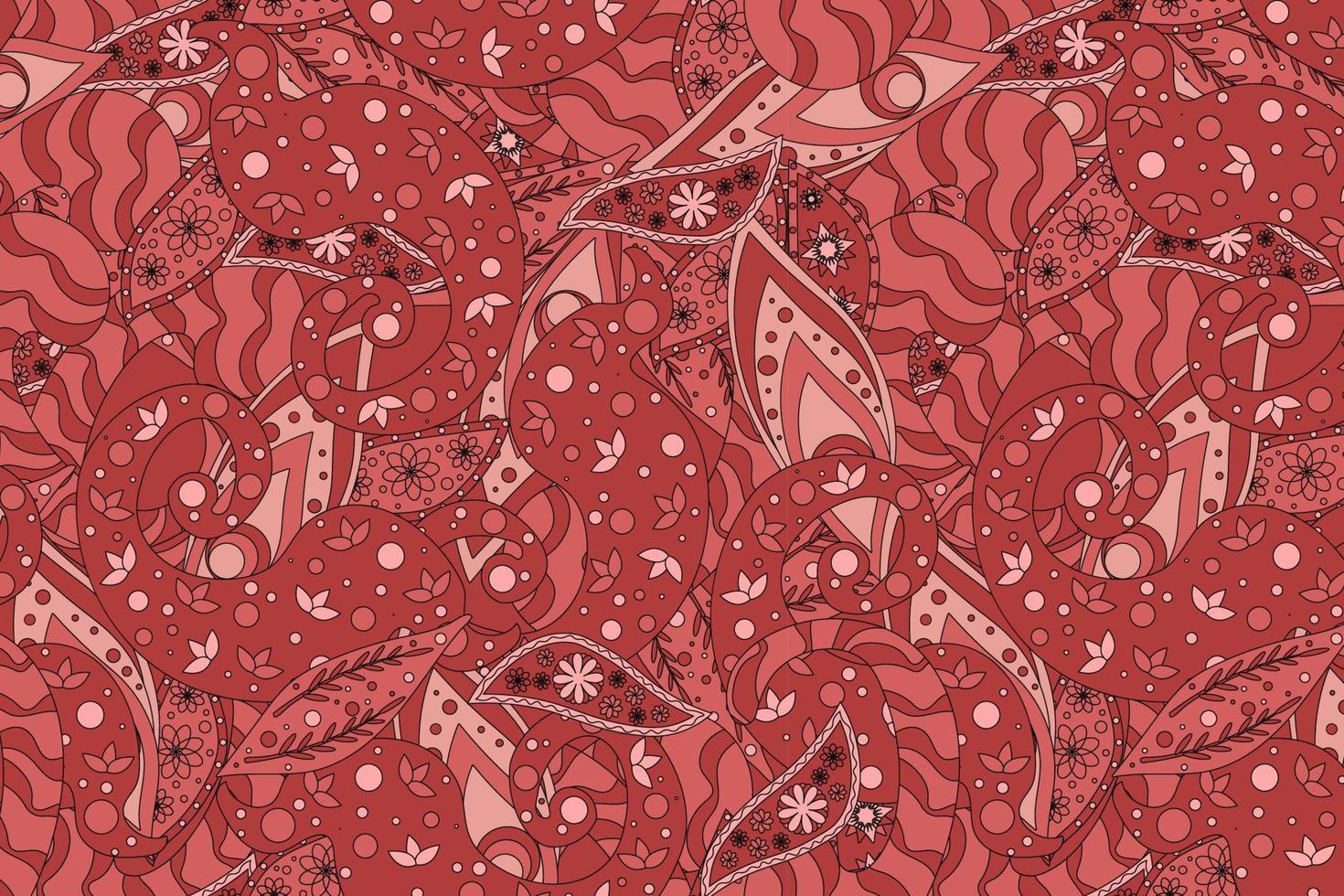 Seamless pattern based on an ornament with a Paisley bandana print, in red and pink vector