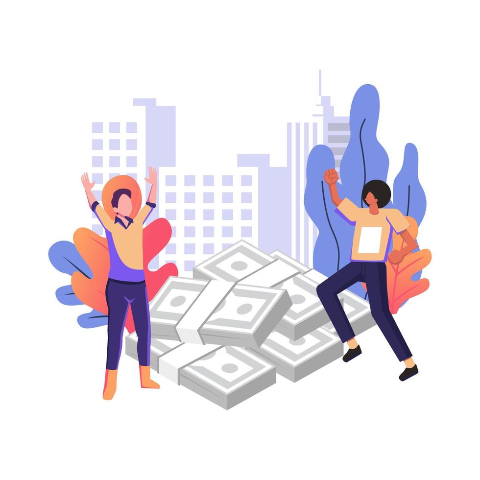 Happy successful businessman with lots of money 2 flat illustration vector