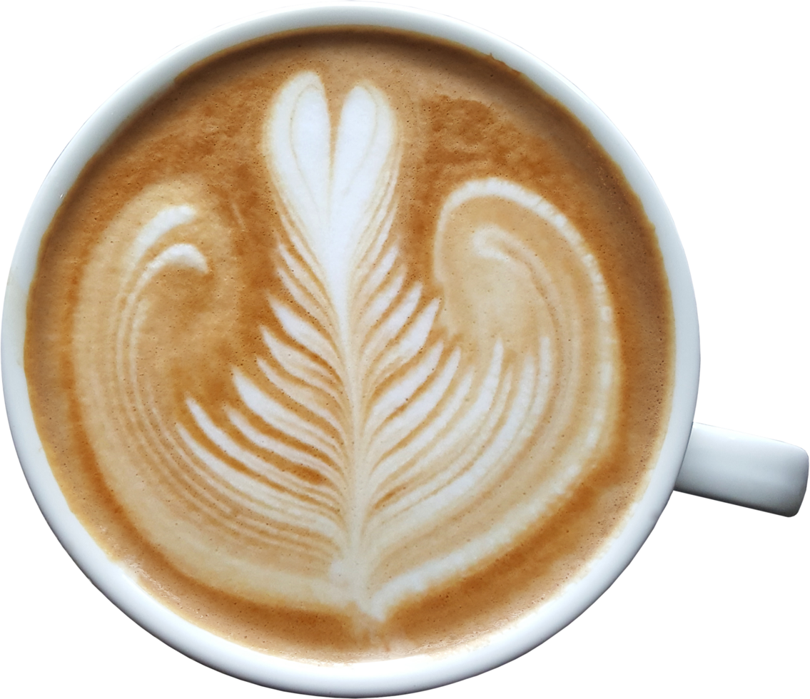 Top view of a mug of latte art coffee on timber background. png