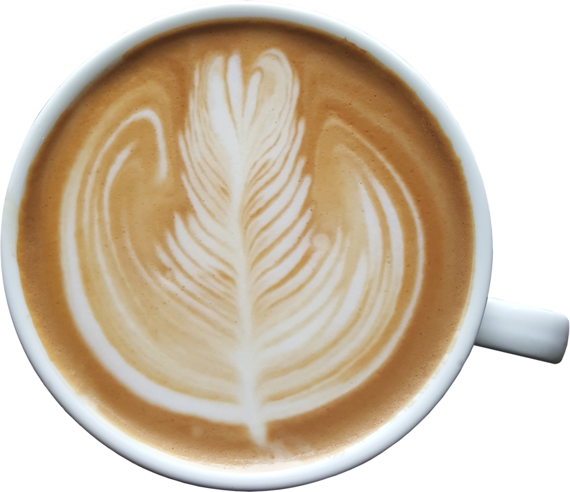 Top view of a mug of latte art coffee on timber background. png