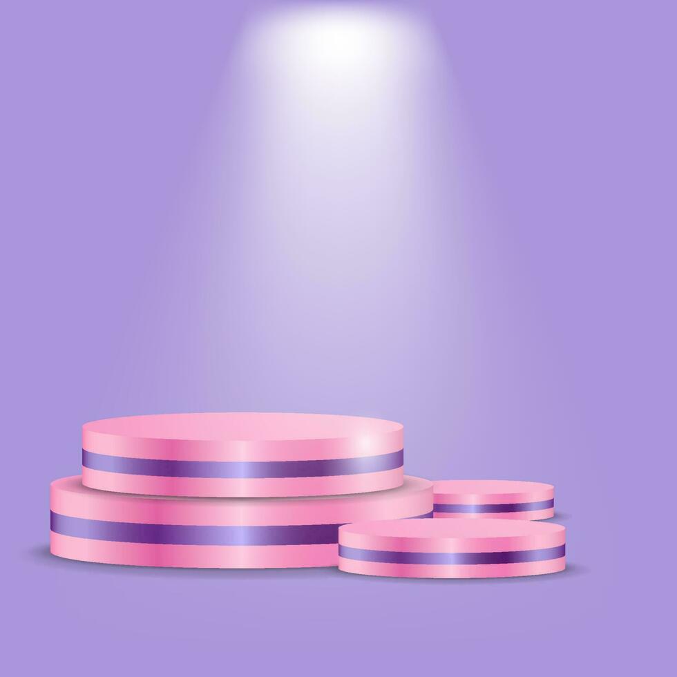 set of 3d pink podium with lighting on purple background. vector illustration