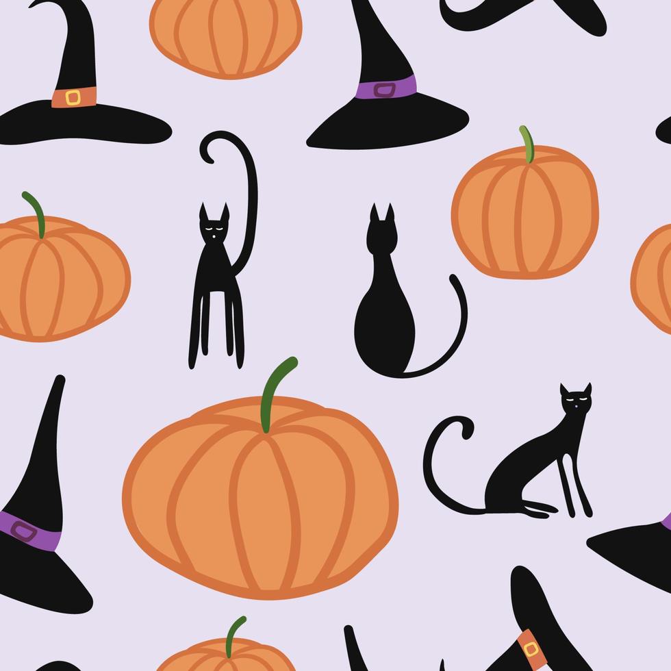 Vector Halloween seamless pattern. Black cat, pumpkin, witch hat. Design for Halloween decor, textile, wrapping paper, wallpapers, sticker, greeting cards.