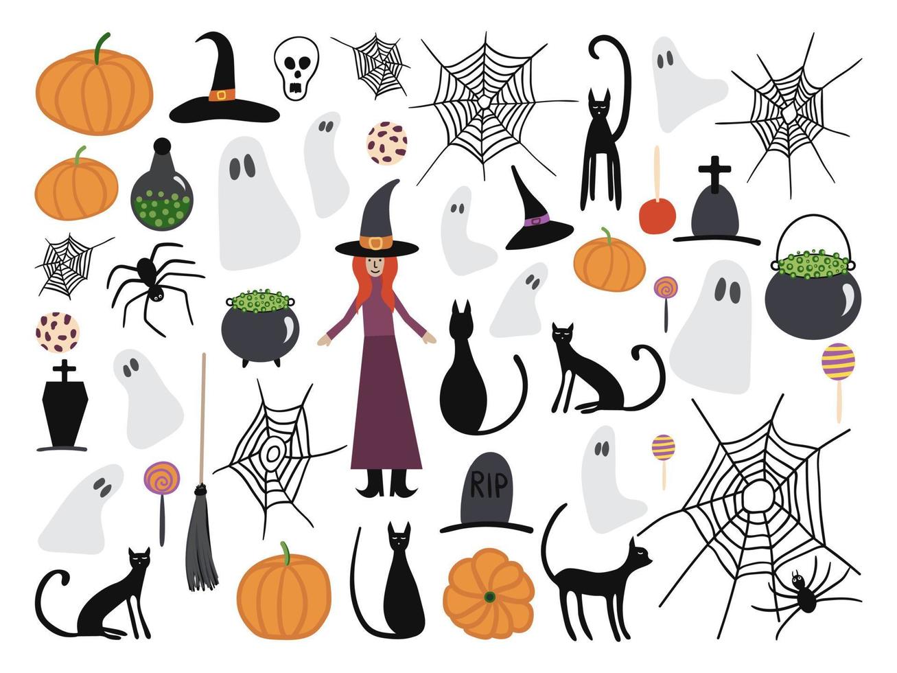 Halloween vector elements set. Witch, kettle, pot, spiders web, pumpkin, cat, tale, skull, rip, grave, spider, ghost, lollypop, apple in caramel, hat, cookie, bottle, potion.