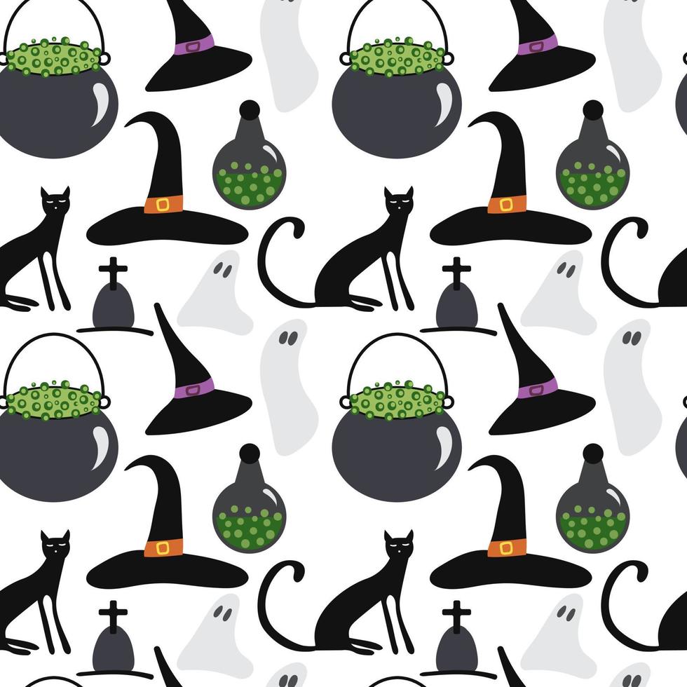 Vector Halloween seamless pattern. Pot with green potion, hat, cat, ghost, grave. Design for Halloween decor, textile, wrapping paper, wallpapers, sticker, greeting cards.