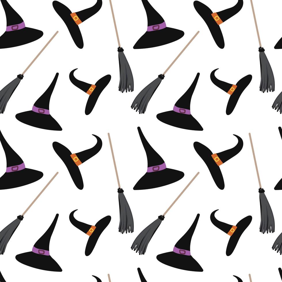 Witch hats and brooms vector pattern. Halloween theme seamless pattern. Vector witches hat, broom isolated.