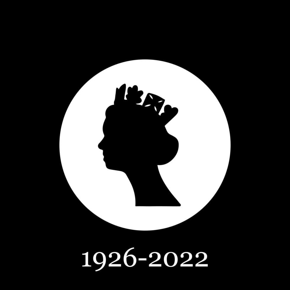 Black and white silhouette of Queen Elizabeth tradition illustration. Side view Queen Elizabeth 2 wearing crown. Vector illustration with 1926 -2022 dates.
