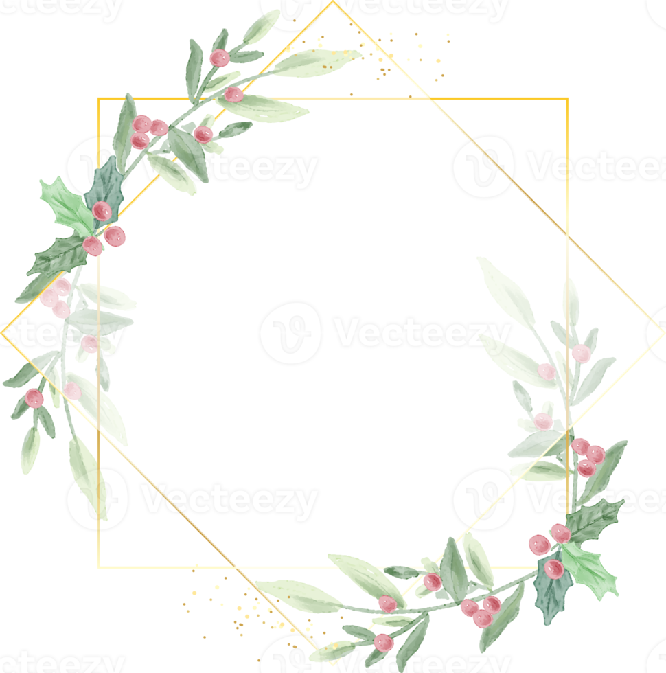 watercolor christmas leaf and red berry wreath with golden frame glitter png