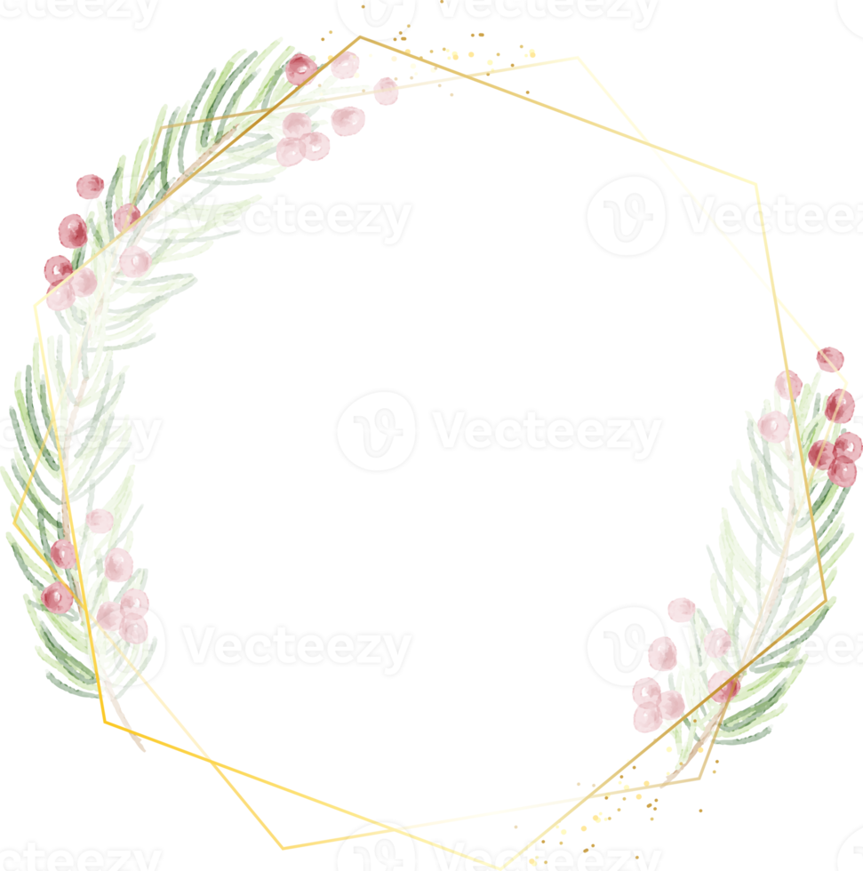 watercolor christmas leaf and red berry wreath with golden frame glitter png