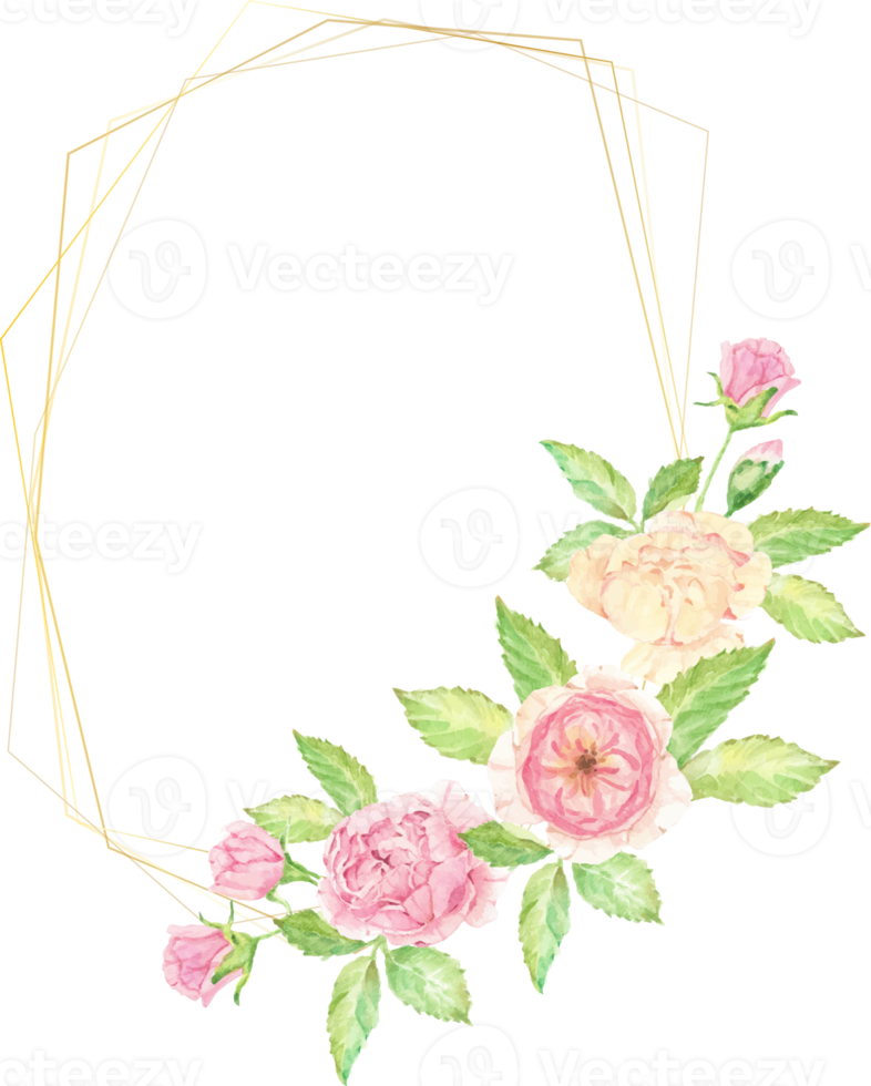 watercolor beautiful English rose flower bouquet wreath with gold frame png