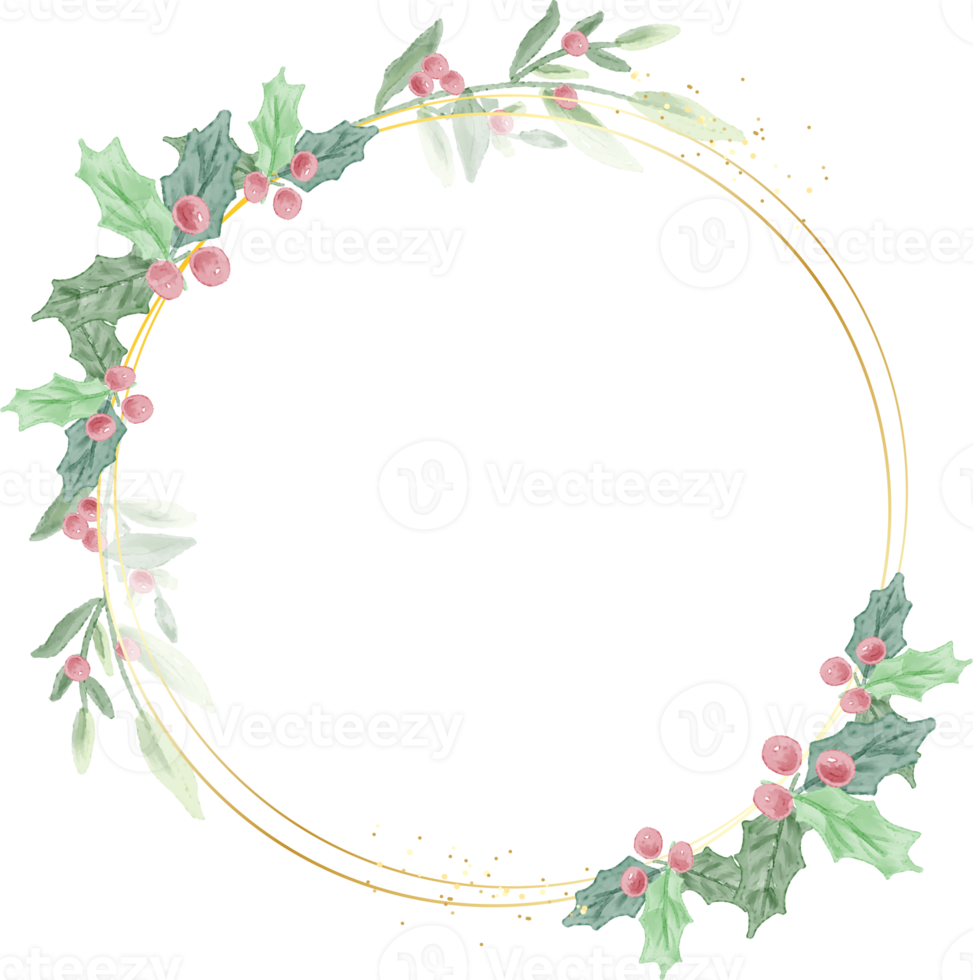 watercolor christmas leaf and red berry wreath with golden frame glitter png