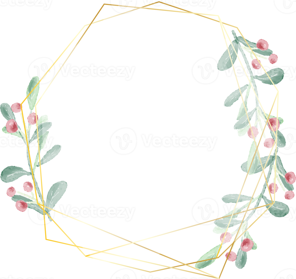 watercolor christmas leaf and red berry wreath with golden frame glitter png