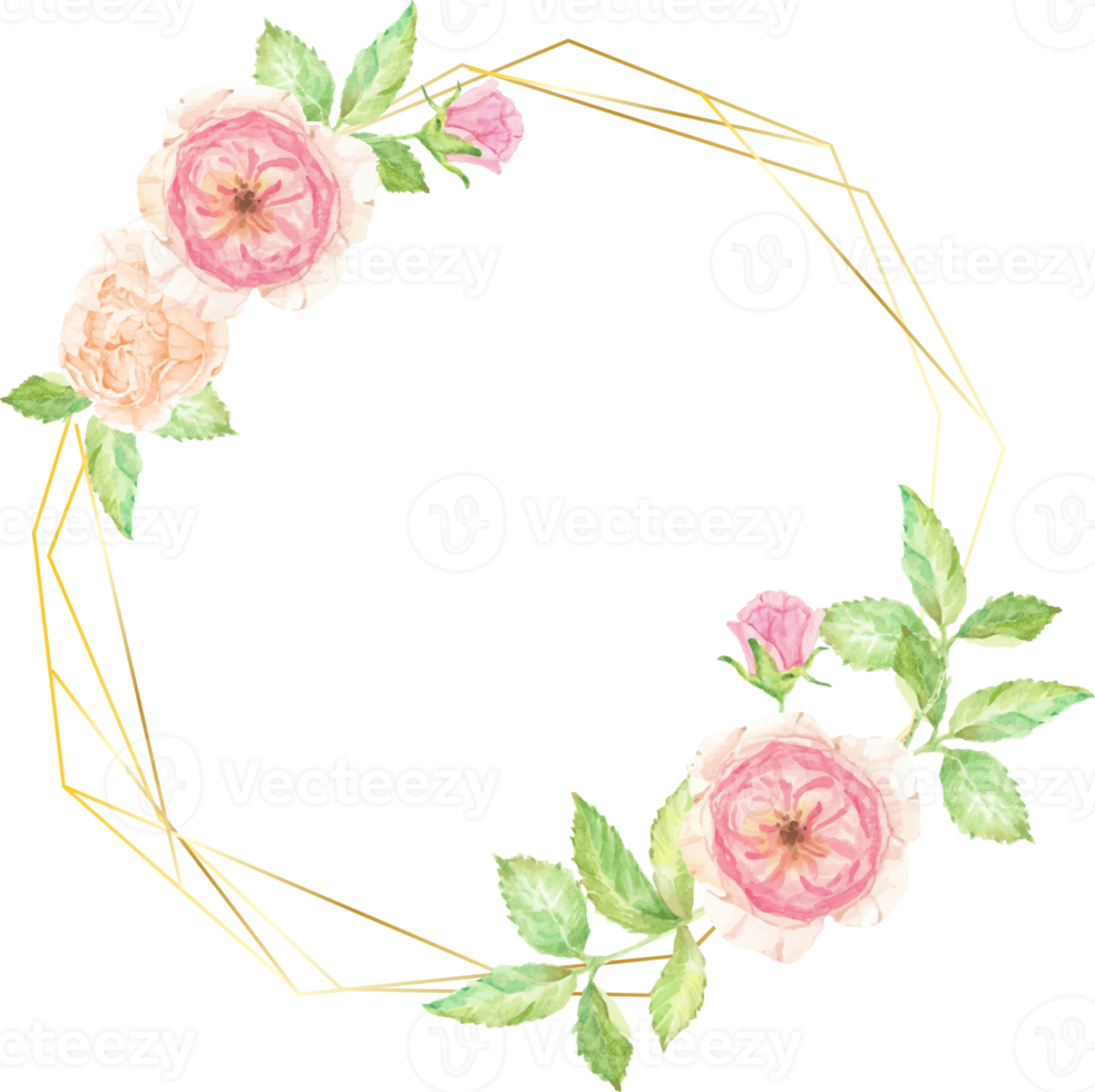 watercolor beautiful English rose flower bouquet wreath with gold frame png