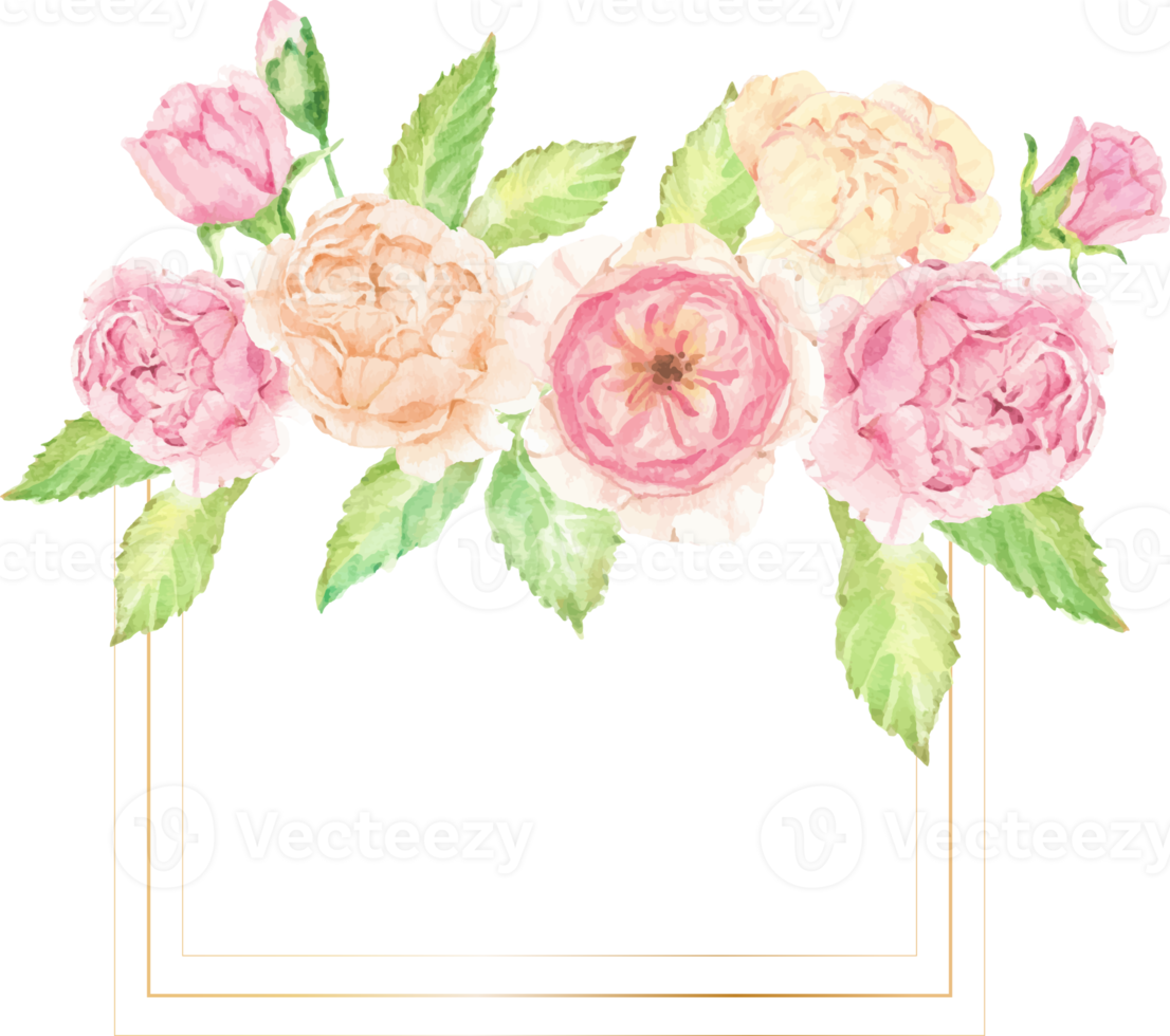 watercolor rose bouquet wreath with golden frame png