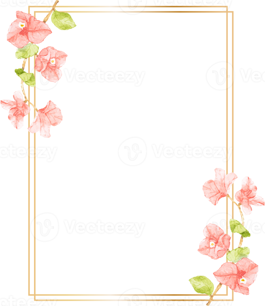 ramo de flores de buganvilla rosa acuarela con marco de corona dorada con espacio de copia png
