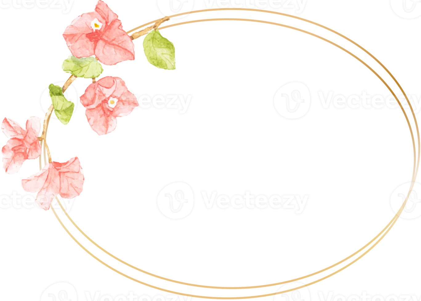 watercolor pink Bougainvillea flower bouquet with golden wreath frame with copy space png