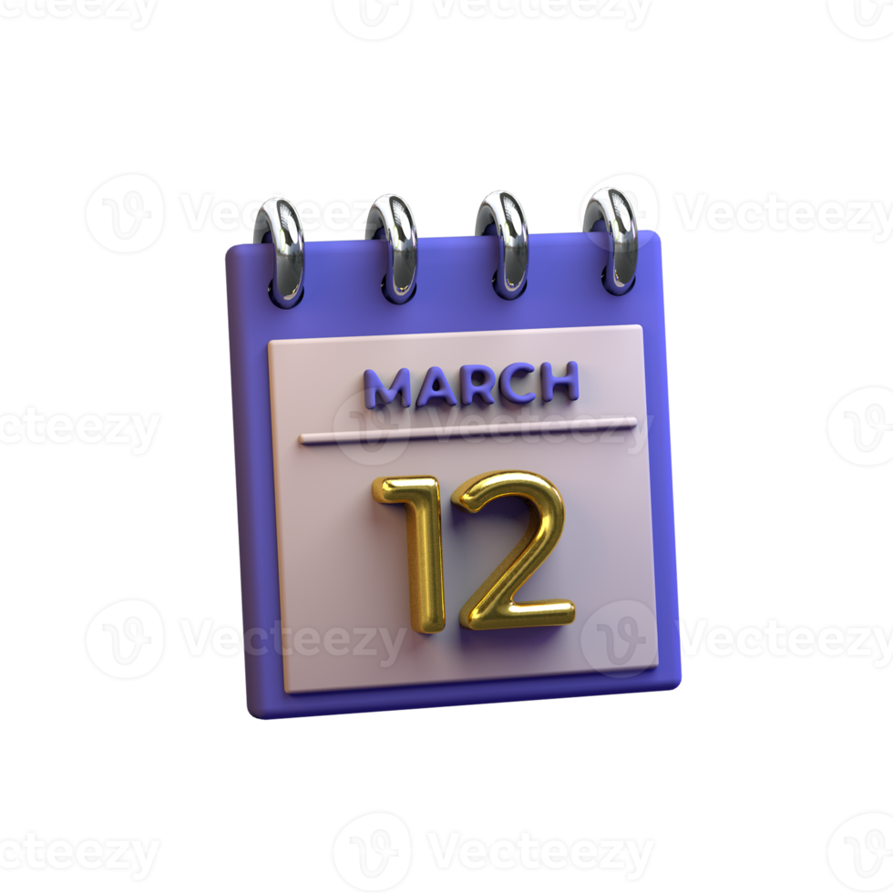 Monthly Calendar 12 March 3D Rendering png