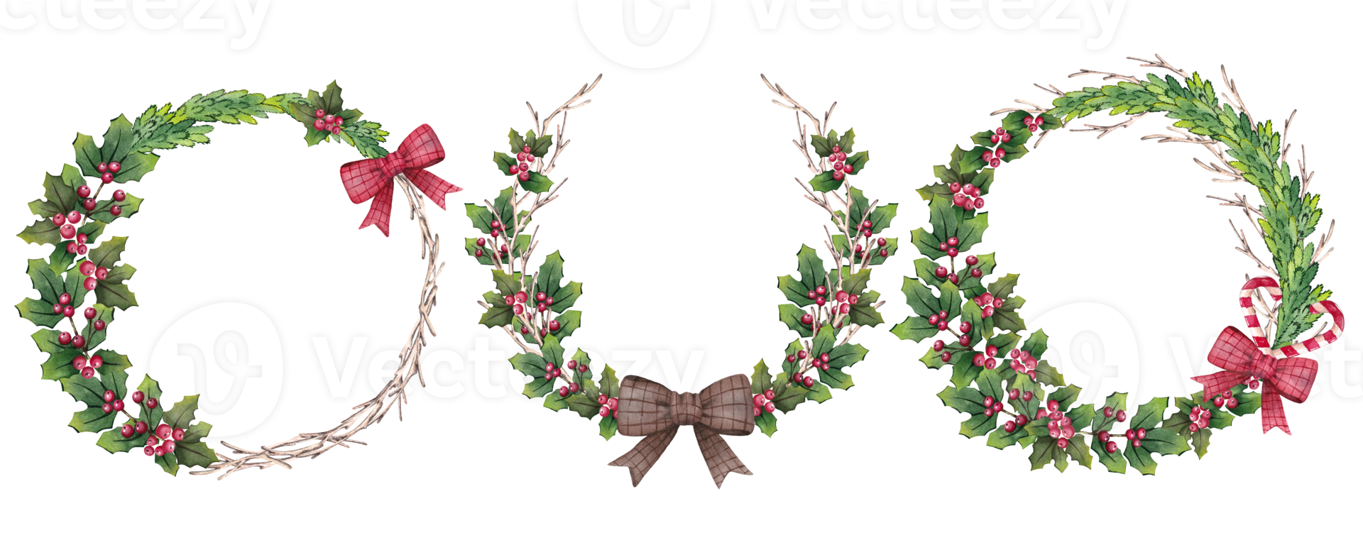 Set of Christmas watercolor wreaths with fir branches, green leaves, berries and a red bow. For postcards, congratulations, wallpaper, background png