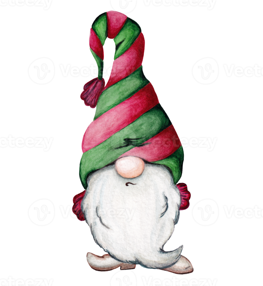 Watercolor christmas gnome in cartoon style. Funny illustration for a new year card or print. png