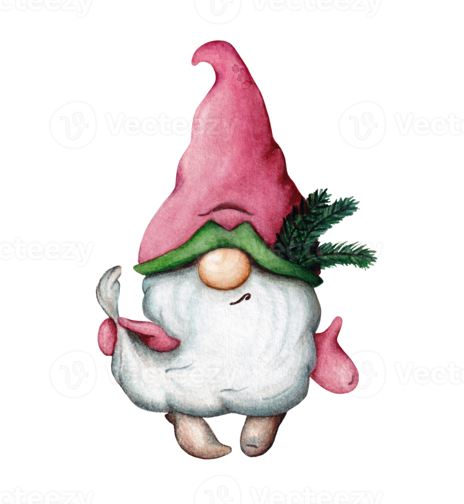 Watercolor christmas gnome in cartoon style. Funny illustration for a new year card or print. png