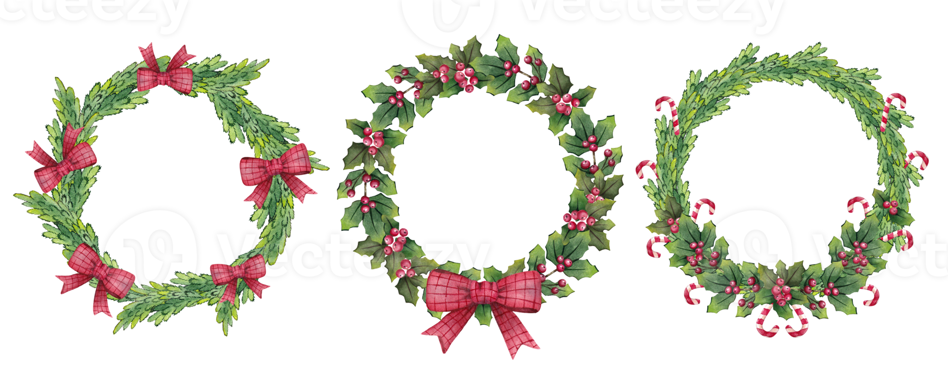 Set of Christmas watercolor wreaths with fir branches, green leaves, berries and a red bow. For postcards, congratulations, wallpaper, background png