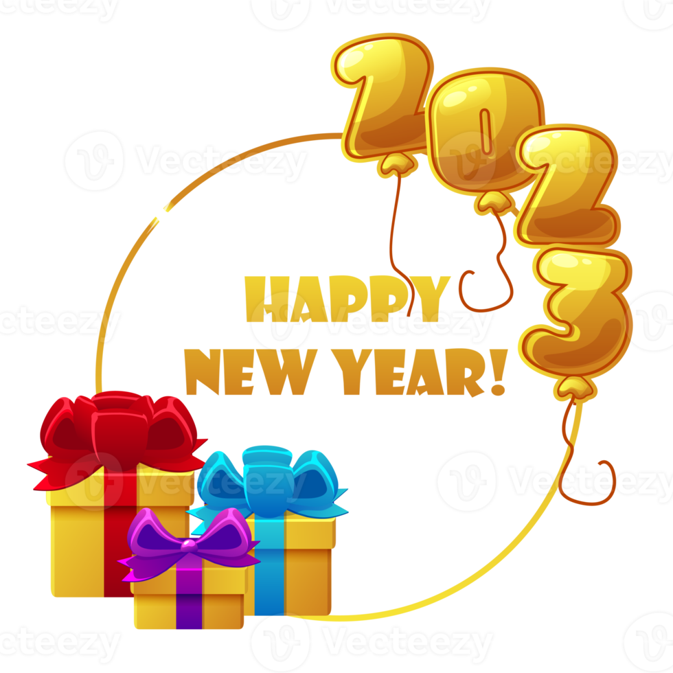 Happy New Year greeting card with gold balls and gifts. Illustration holiday banner with an inscription for graphic design. png