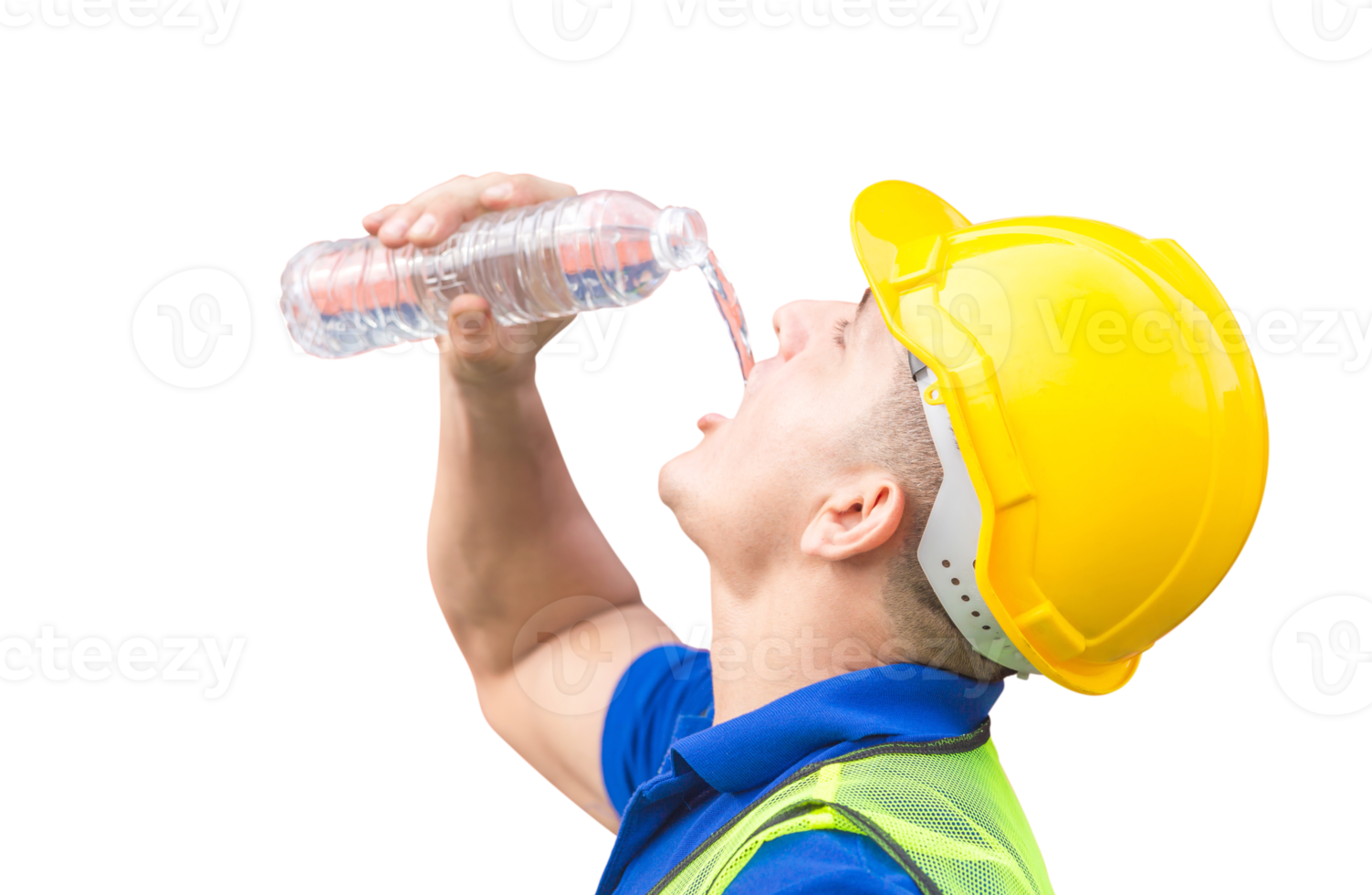 Close up of Worker man in hard hat drinking water at containers cargo png