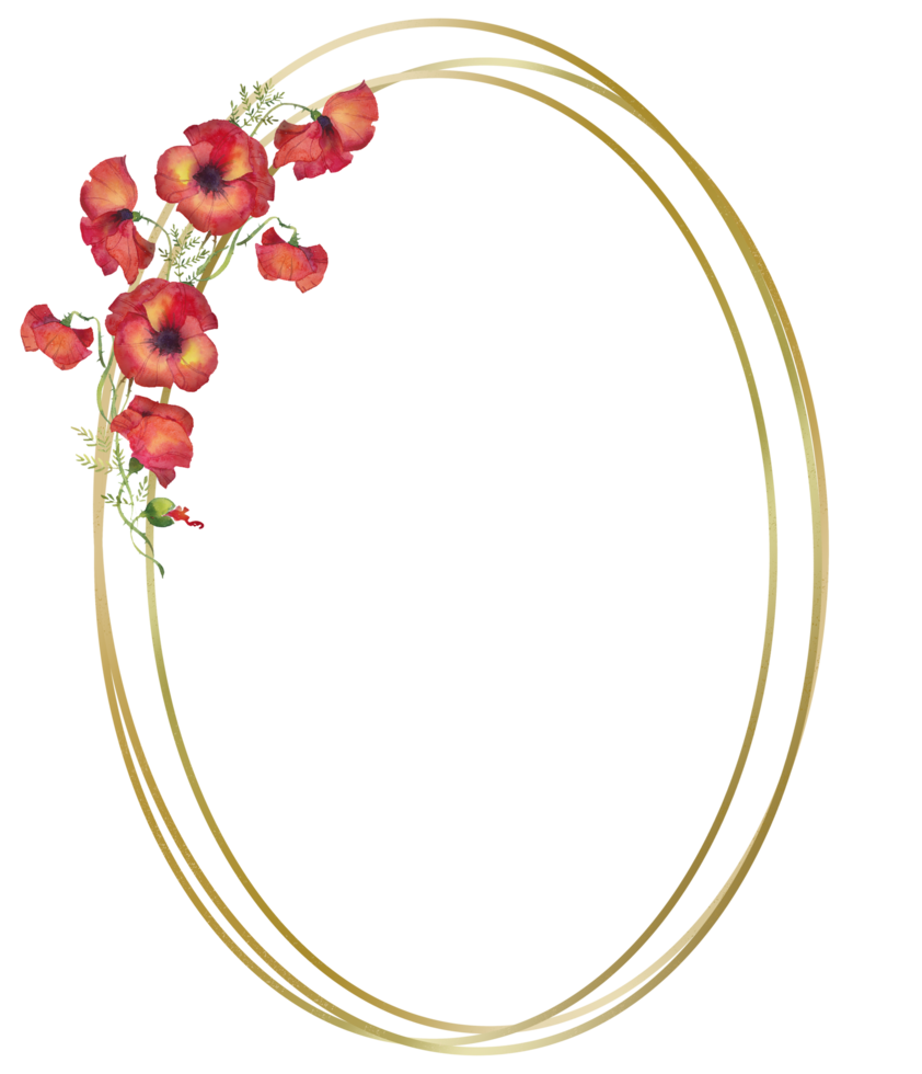 round golden frame with watercolor flowers of red poppies png