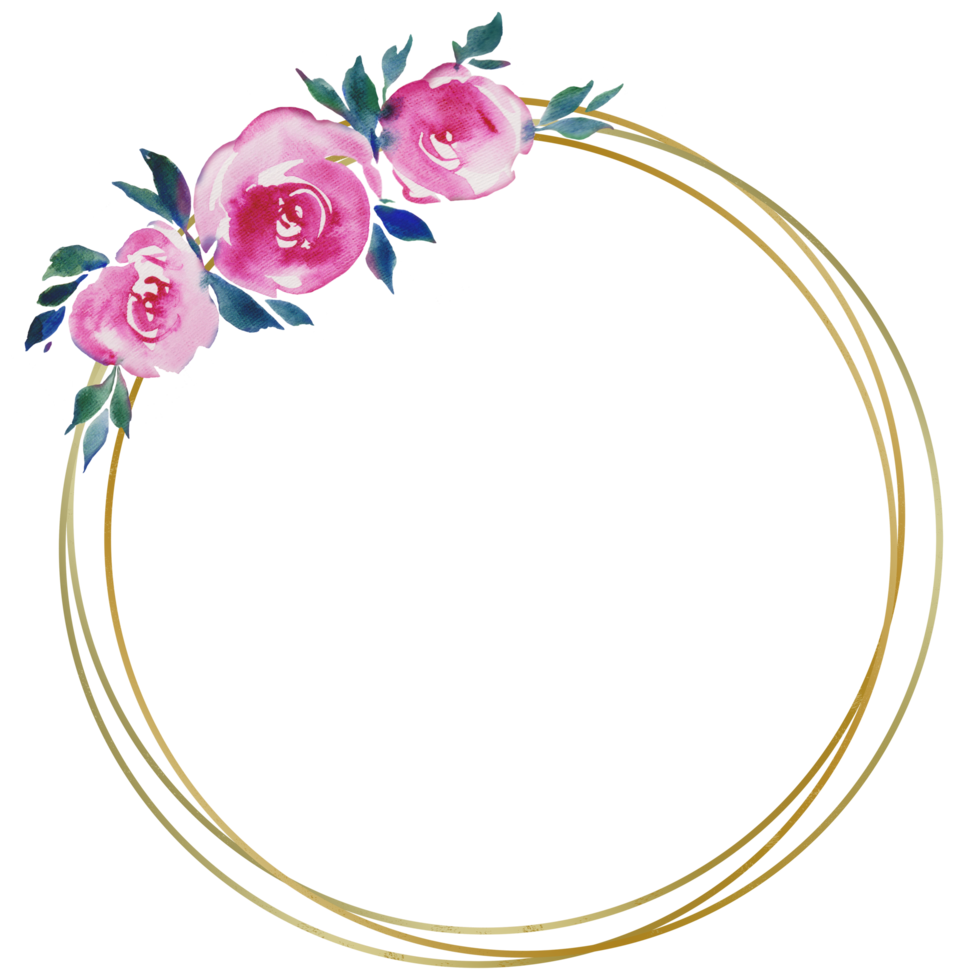 golden round frame with pink roses, floral design, wedding monogram, watercolor illustrations greeting cards png